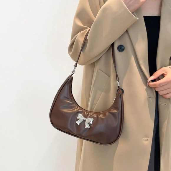 Brown leather shoulder bag with bow detail | armpit dumpling crescent moon purse - Picture 9 of 11